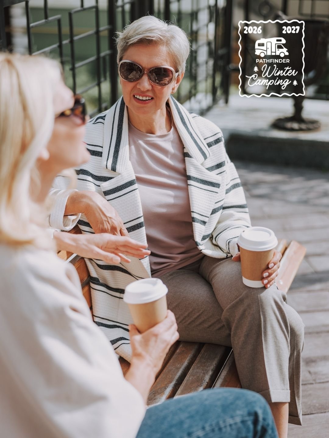 Winter Camping social ad with two friends sharing coffee outdoors