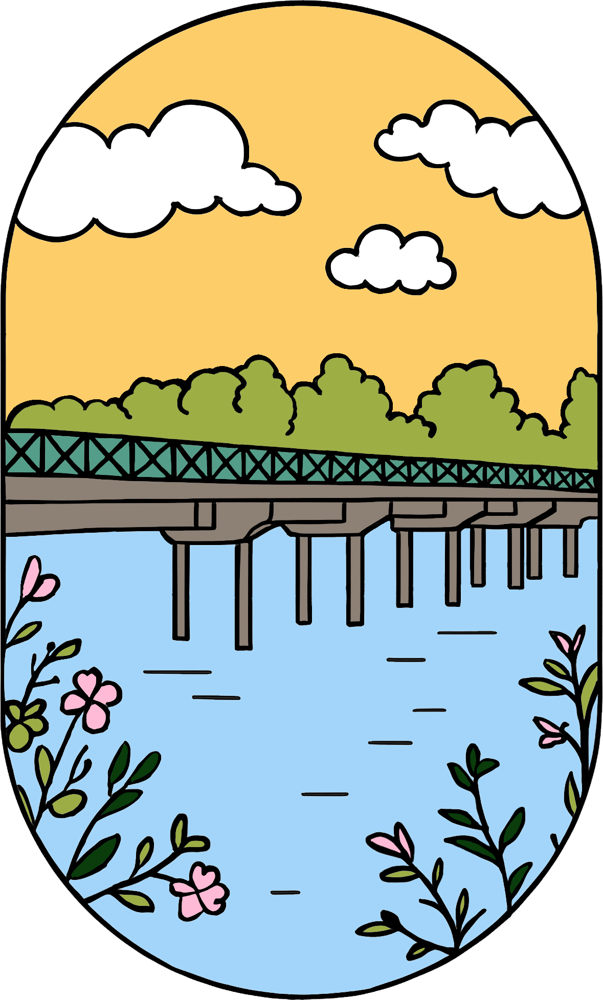 Illustrated park icon for Fort Camping with a bridge over the river