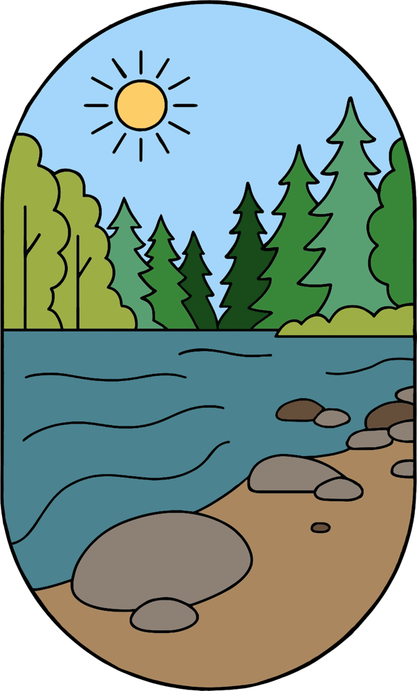 Illustrated park icon for Pathfinder Parksville with a river and forest