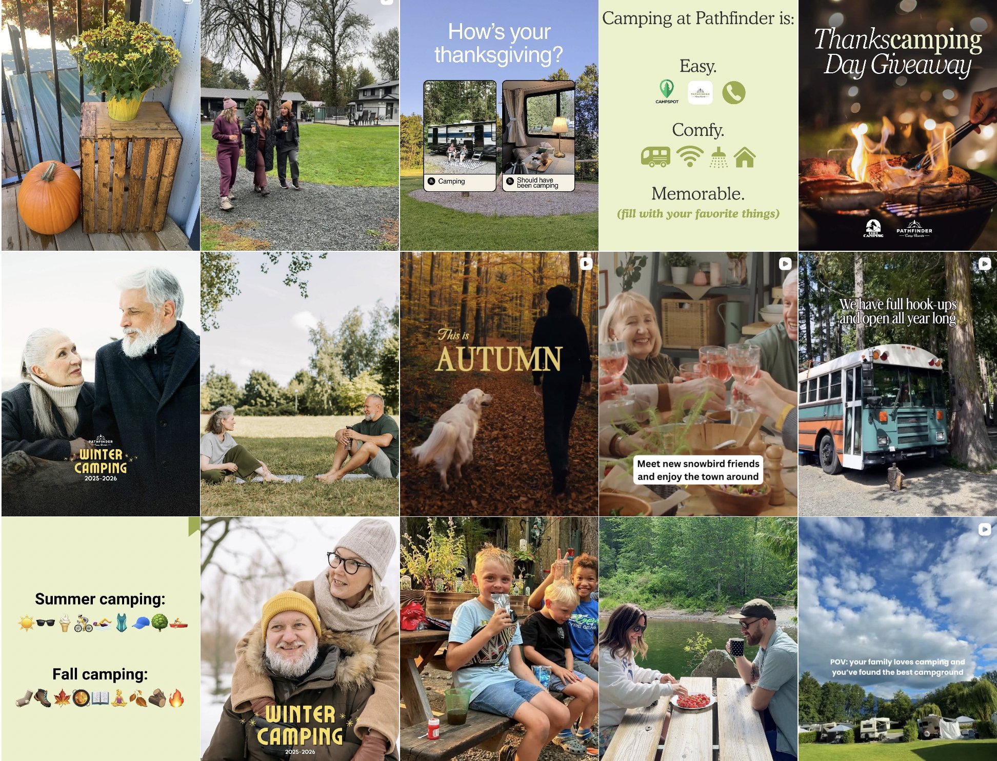 Grid of 15 Pathfinder Camp Resorts Instagram posts: autumn decor, Thanksgiving and Thankscamping giveaway posts, Winter Camping graphics, families and guests enjoying the campgrounds