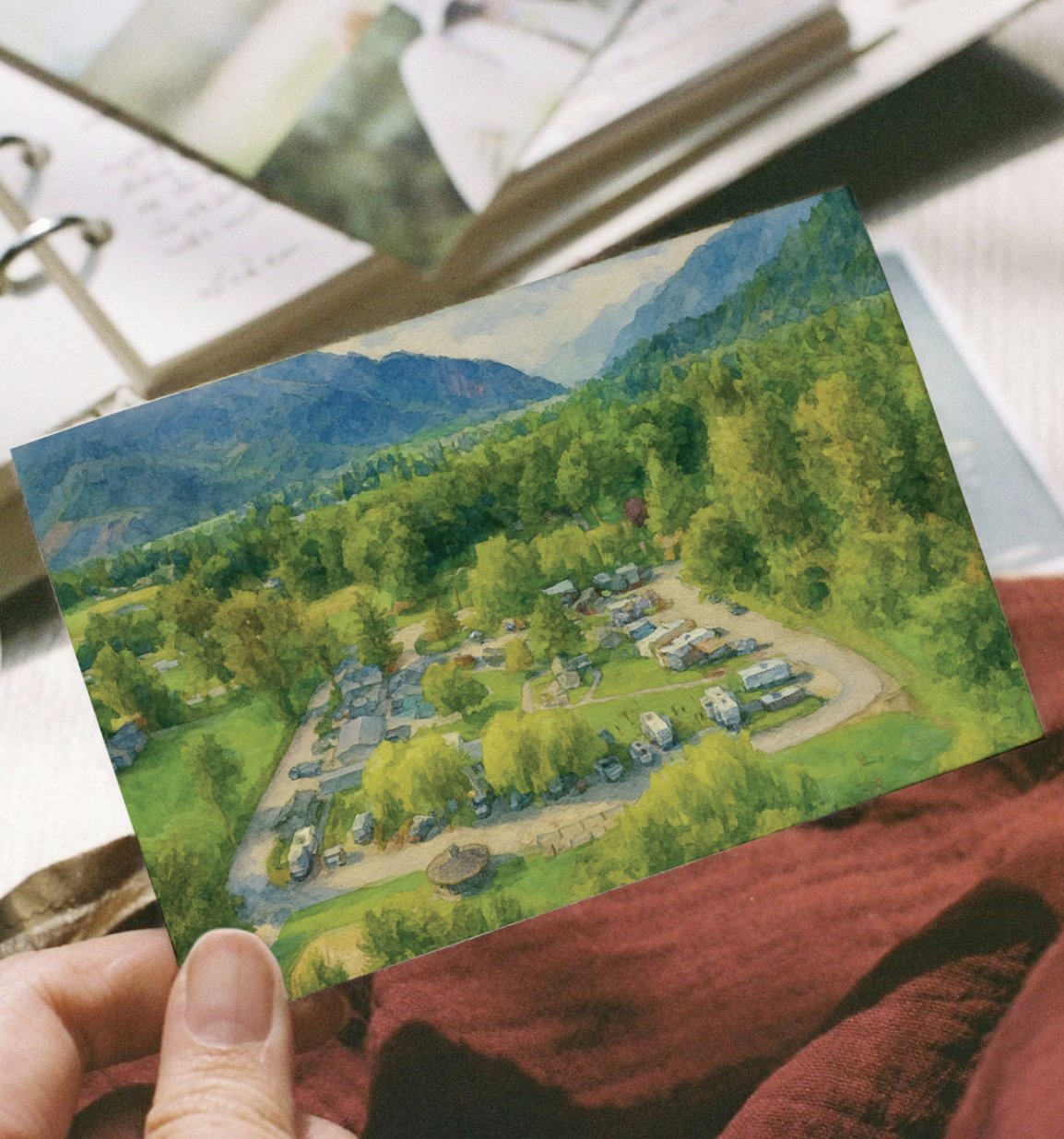 Pathfinder postcard with an aerial view of the campground